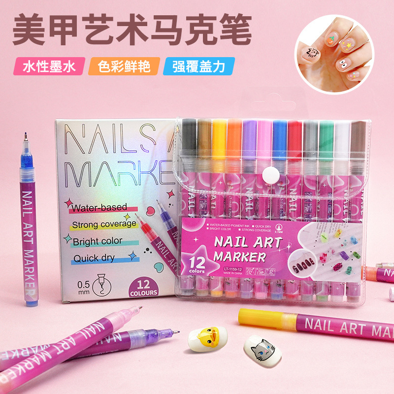 Cross-Border Popular Nail Art Graffiti Pen 0.5mm Ultra-Fine Tip Creative DIY Quick-Drying Waterproof 12-Color Nail Pen