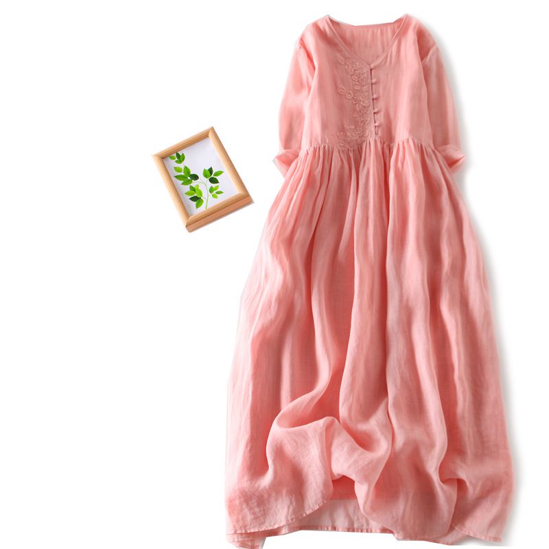 Foreign Trade Export Brand Cut Label Tail Goods Women's Ramie Embroider Retro Large Size Loose Double Layer Elegant Slimming Look Dress