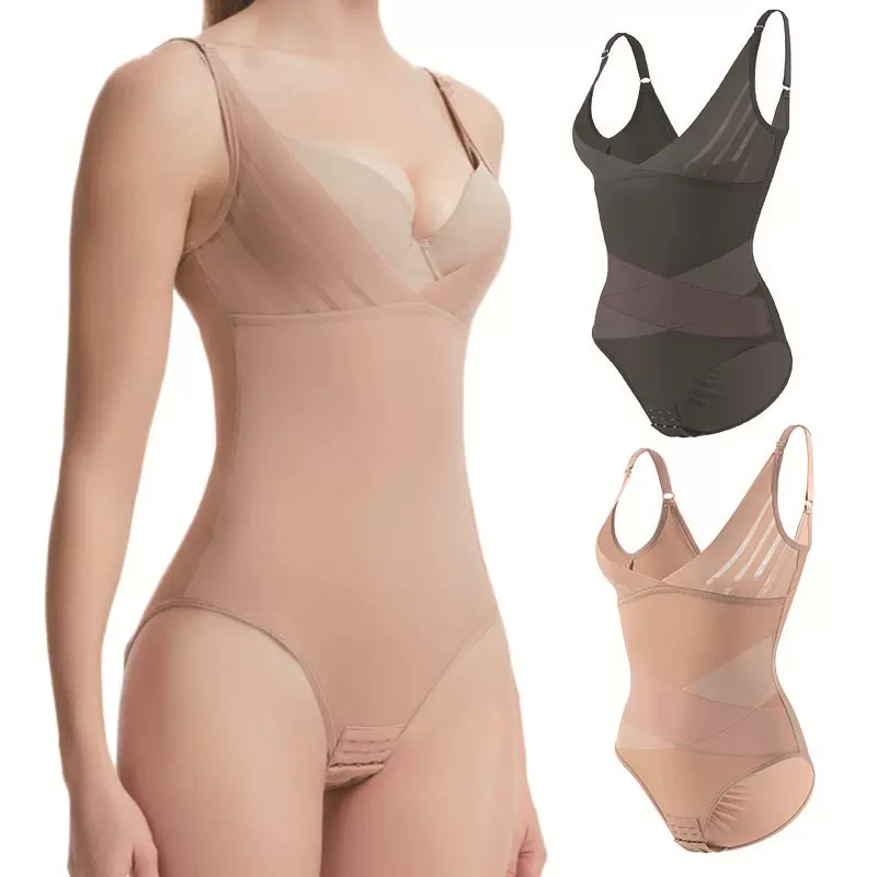 跨境大码连体塑身衣V领托胸调整型X双层束身收腹束腰开裆条纹网纱