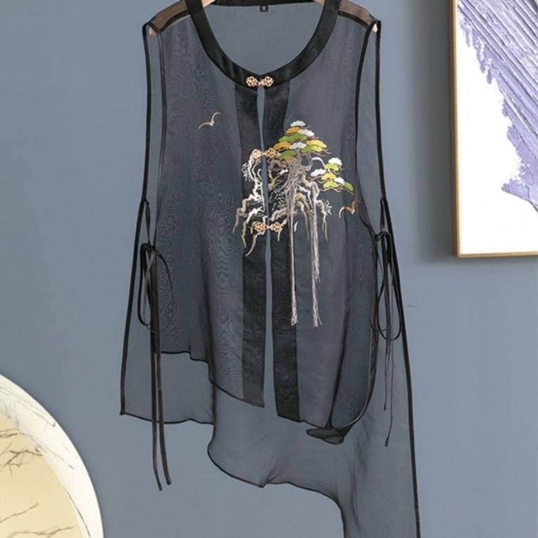 Black Withdrawal Cabinet National Style Embroidery Simulation Chinese Embroidered Vest Vest Ougan Crewneck Top National Fashion Lace-up Women's Summer