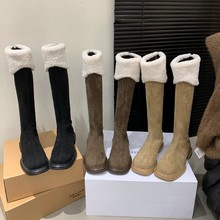 秋冬款长靴子磨砂皮方头加绒保暖时装靴粗跟时尚百搭瘦瘦靴雪地靴