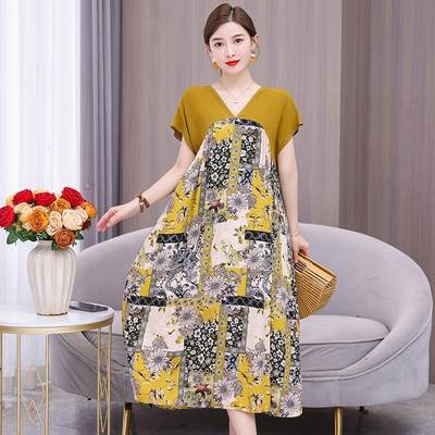 2024 New elegant middle-aged mom fashion cotton silk dress women's summer plus size large swing dress