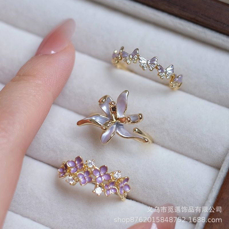 French-Style Romantic Fairy-Like Purple Ring for Women, Light Luxury Niche High-Quality Texture, Elegant Flower and Butterfly Index Finger Ring French-Style Romantic Fairy-Like Purple Ring for Women, Light Luxury Niche High-Quality Texture, Elegant Flower and Butterfly Index Finger Ring