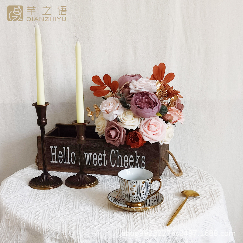 手工制作仿真绢花玫瑰秋日暖咖礼盒花婚礼庆典手捧DIY插花礼物