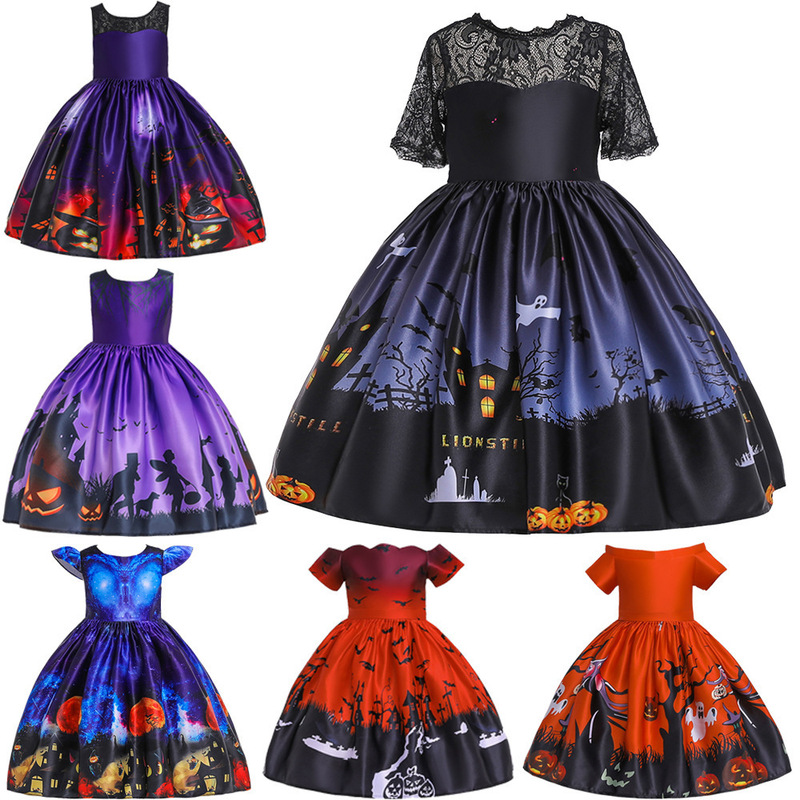 ハロウィンドレス 子供用コスプレ衣装 城の魔女プリントプリンセスドレス パーティーコスプレ衣装|undefined