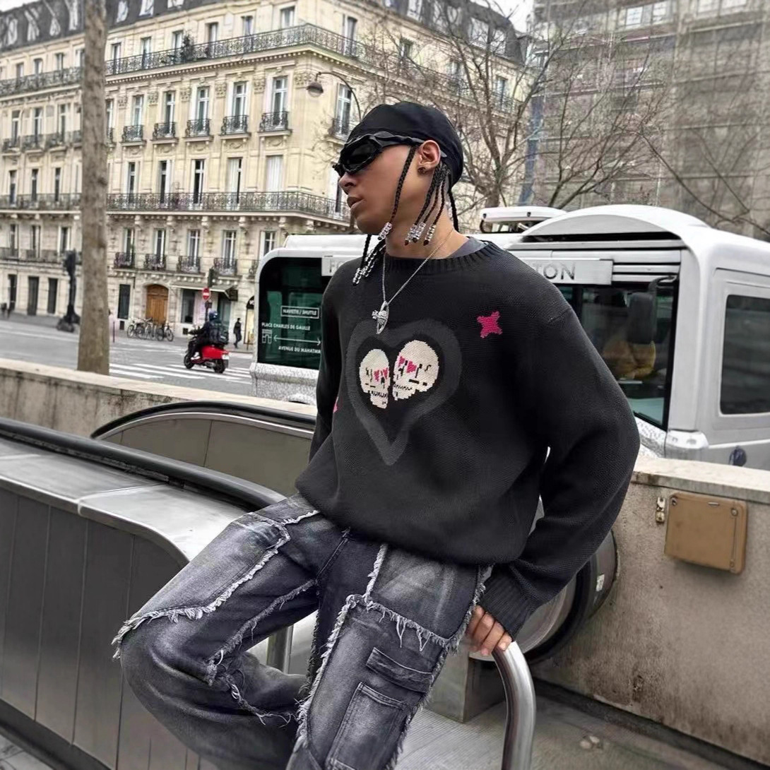 Streetwear Halloween Strickpullover – Übergroßer Unisex-Pullover mit Geister- und Sternenstickerei_voghion.com