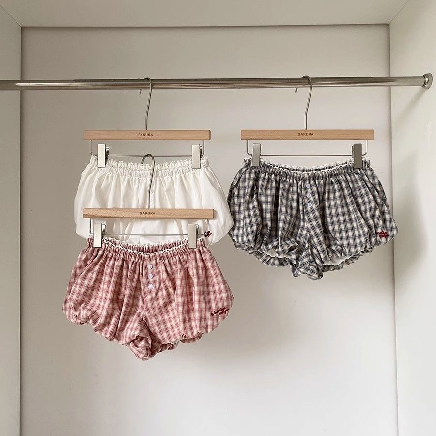Retro Plaid Youthful Elastic Waist Floral Shorts for Women, Summer New Korean Style Sweet Fashion Wide-Leg Shorts, European and American Style