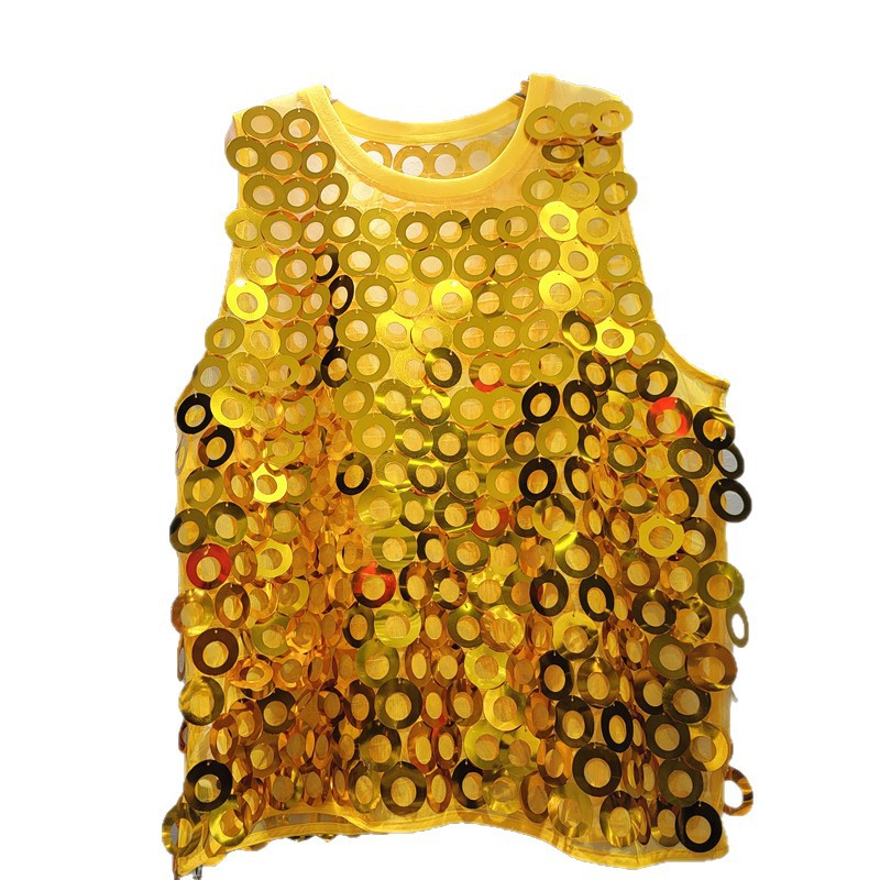 Europa y América nueva moda brillante gran chaqueta bordada blusa de malla temperamento francés delgado chaleco sin mangas para mujeres