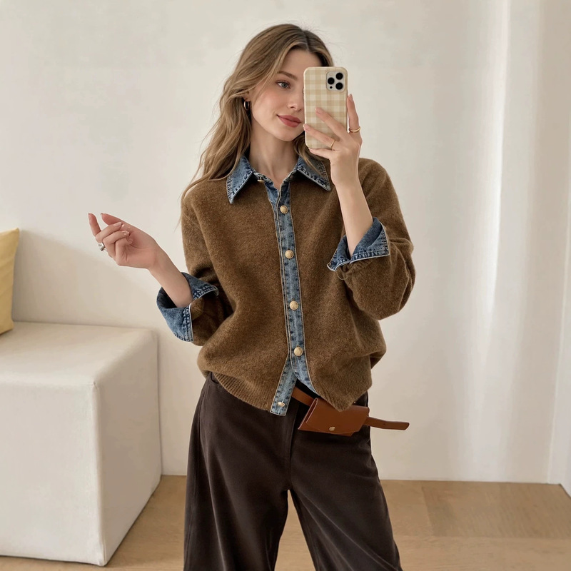 Cross-border Amazon best-selling denim patchwork polo-neck long-sleeve knit cardigan, women's casual sweater jacket Cross-border Amazon best-selling denim patchwork polo-neck long-sleeve knit cardigan, women's casual sweater jacket