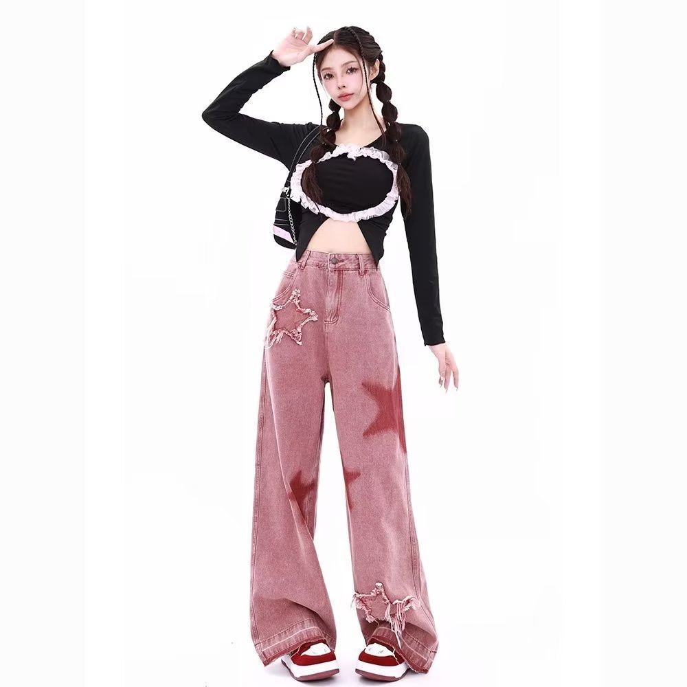 American Style Retro Star Embroidered Jeans Women's Early Autumn New Style Dopamine Wear High Waist Loose Wide Leg Pants