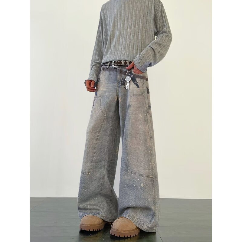 American High Street 3D Digital Printing Splash Ink Hanging Logging Work Jeans Men's Cleanfit Loose Straight Pants