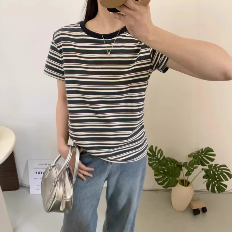 2025 Summer New Color Collar Striped Short Short-sleeved T-shirt Women's All-match Casual Base Top Striped Control T-shirt