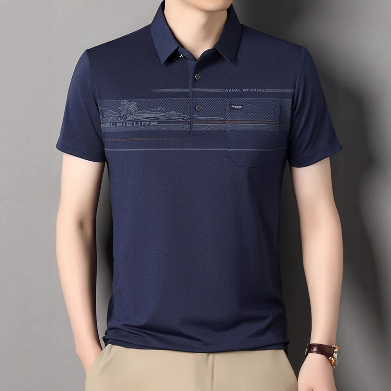 Cross-Border Men's Summer New Pocket Striped Loose Short-Sleeve T-Shirt for Middle-Aged and Elderly, Casual Fashion Polo Shirt