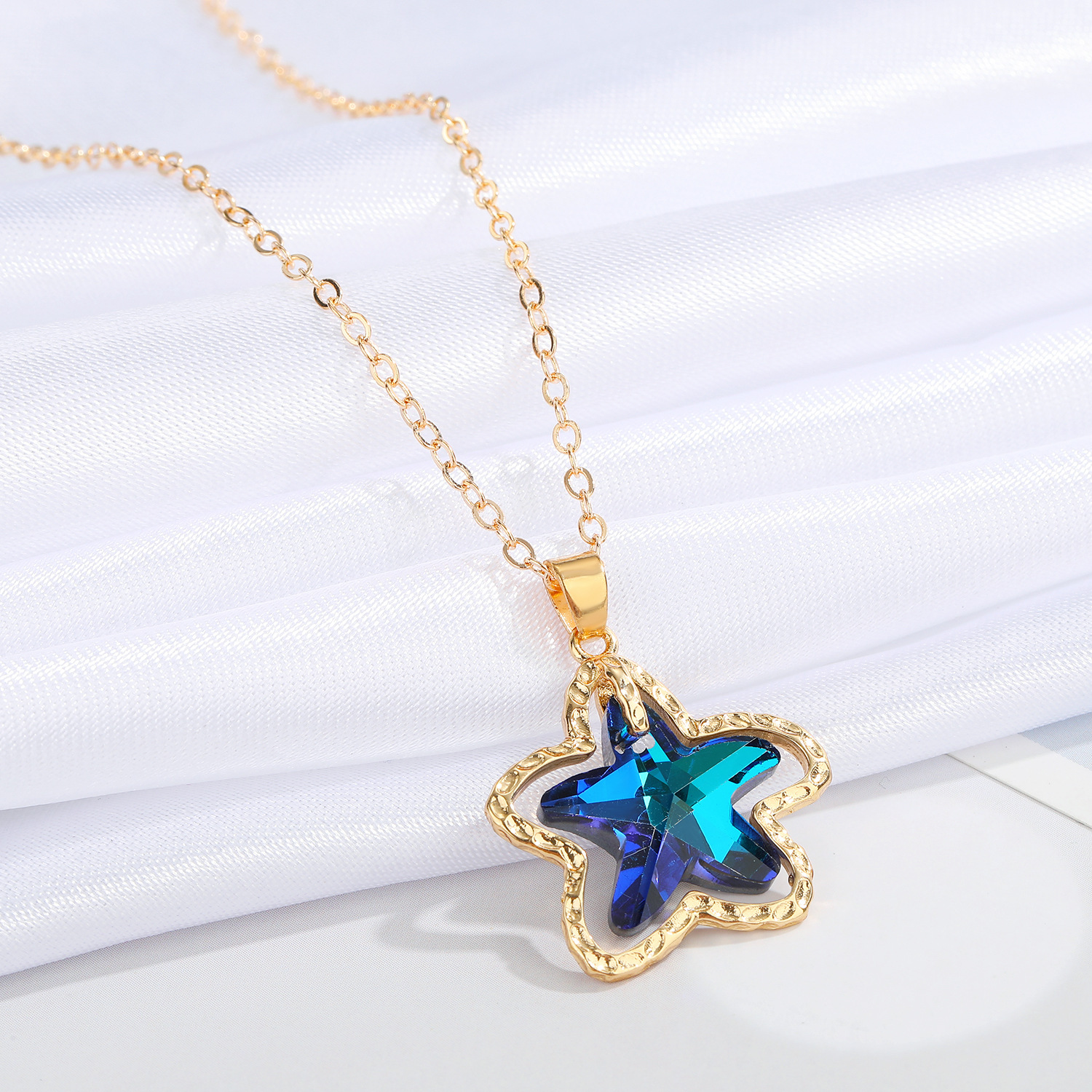European CrossBorder Sold Jewelry Blue Crystal Glass Necklace Simple Star and Moon Pendant Clavicle Chain Female Necklacepicture3