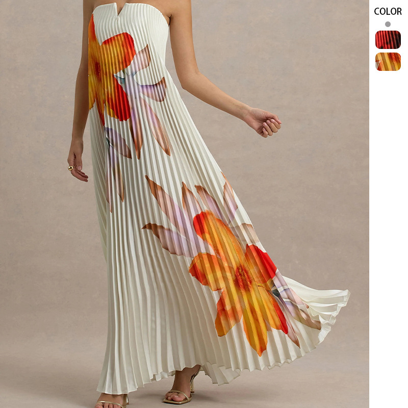 Amazon 2026 Independent Site Cross-Border European and American Export Printed Tube Top Loose Heavy Pleated Long Dress for Women