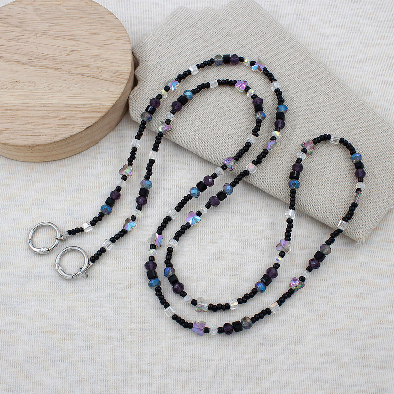 Fashionable colorful crystal butterfly crossbody phone chain, black beaded long phone strap, phone case accessory, bag chain Fashionable colorful crystal butterfly crossbody phone chain, black beaded long phone strap, phone case accessory, bag chain