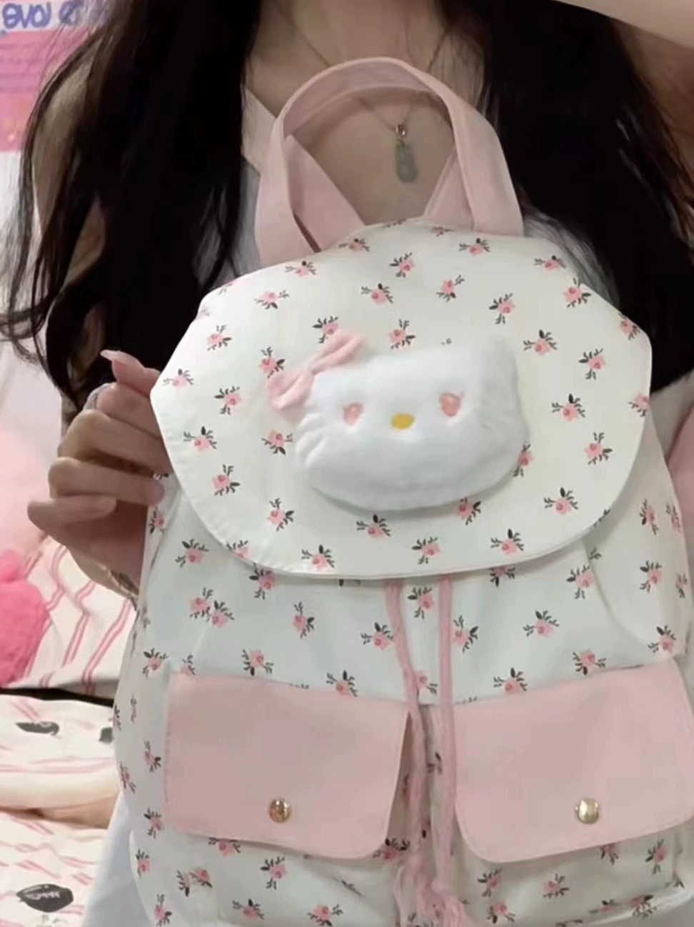 Cute Floral Backpack, Lightweight Pink Canvas Style, Small Daypack