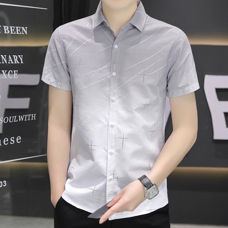 Ice Silk Short-Sleeved Shirt Men's Summer Ultra-Thin Gradient Color Casual Shirt Half-Sleeved Square Collar Shirt No Ironing and Anti-Wrinkle