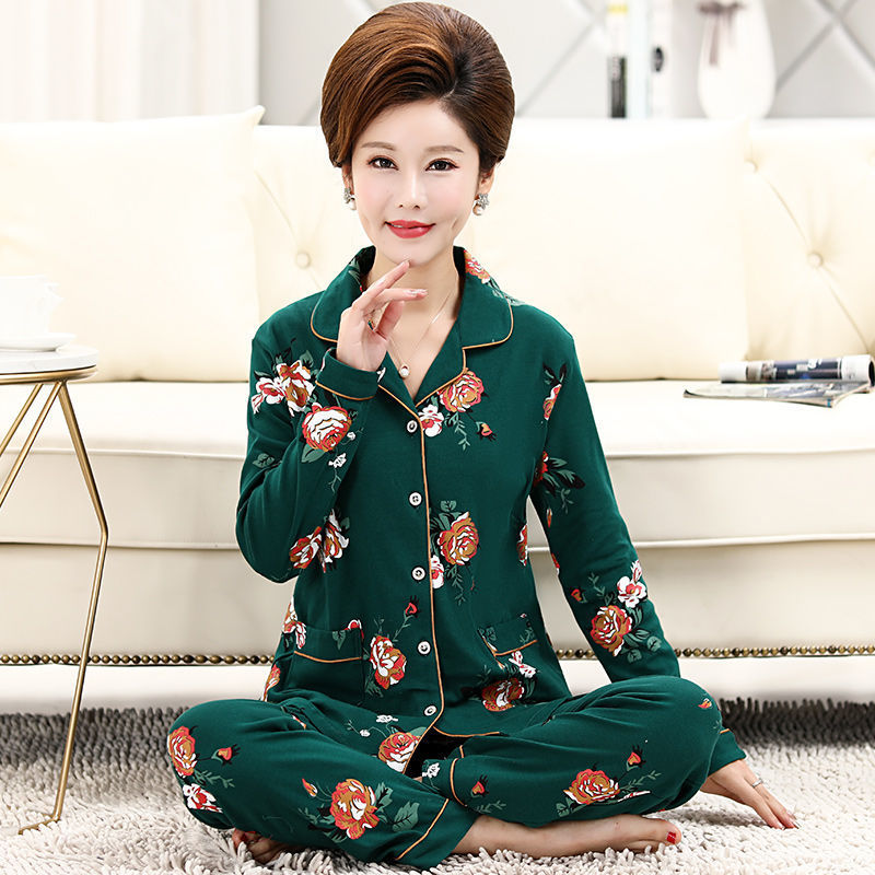 100% pijamas de algodón de manga larga de las mujeres de primavera y otoño de mediana edad y ancianos suelta más el tamaño de mediana edad traje de desgaste en el hogar