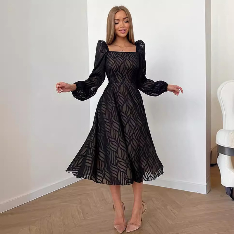 Era Style A Small Black Dress Four Seasons Fashion Hollow Micro-transparent Jacquard Retro dress Square Neck Elegant Women's Skirt