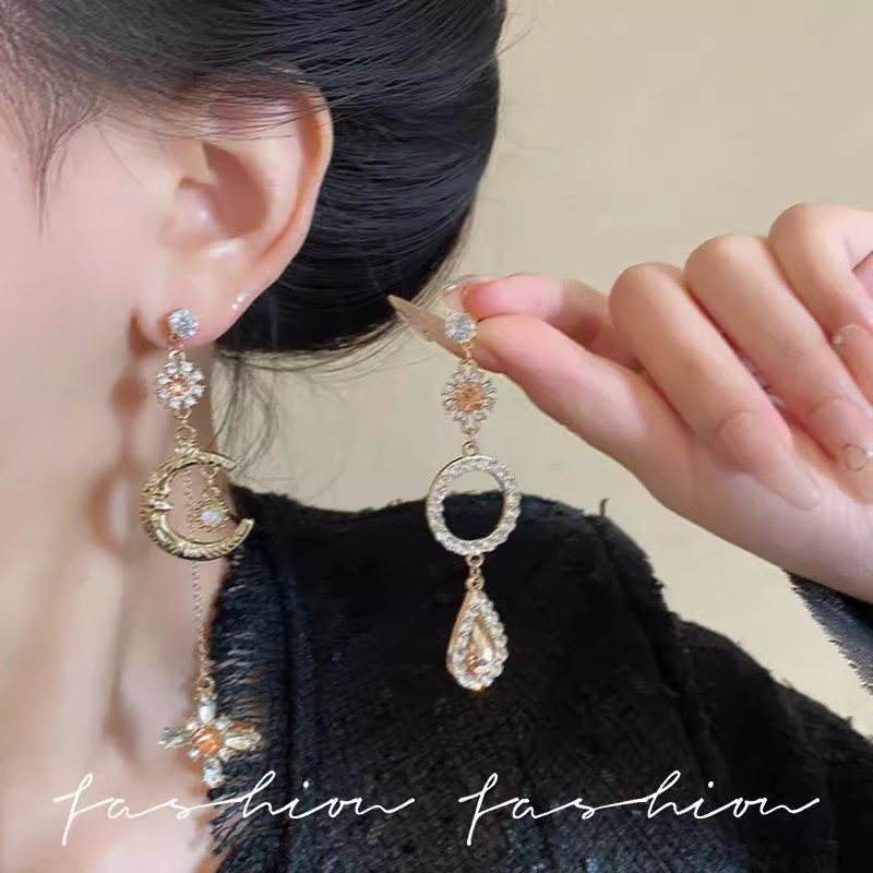 复古宫廷风长款流苏不对称星月耳环女轻奢小众高级感耳钉耳饰批发|undefined
