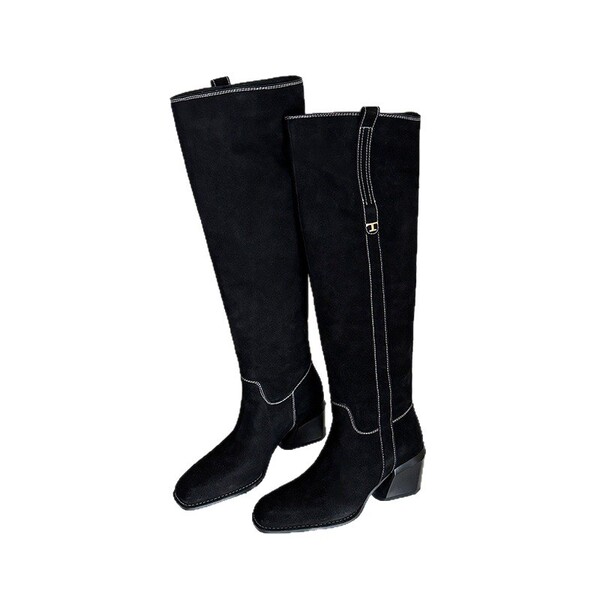 Demi-season retro suede fashionable high boots square toe heels