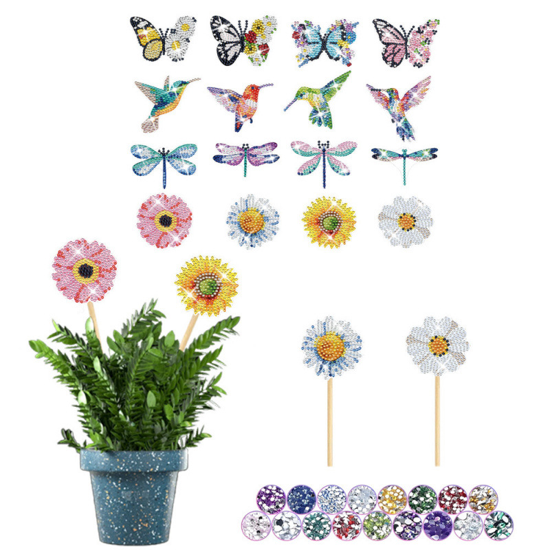 Estacas decorativas para macetas con diseño de flores para decoración de plantas en el hogar y escritorio, fabricante de estacas de jardín hechas a mano con pegatinas de diamantes DIY.