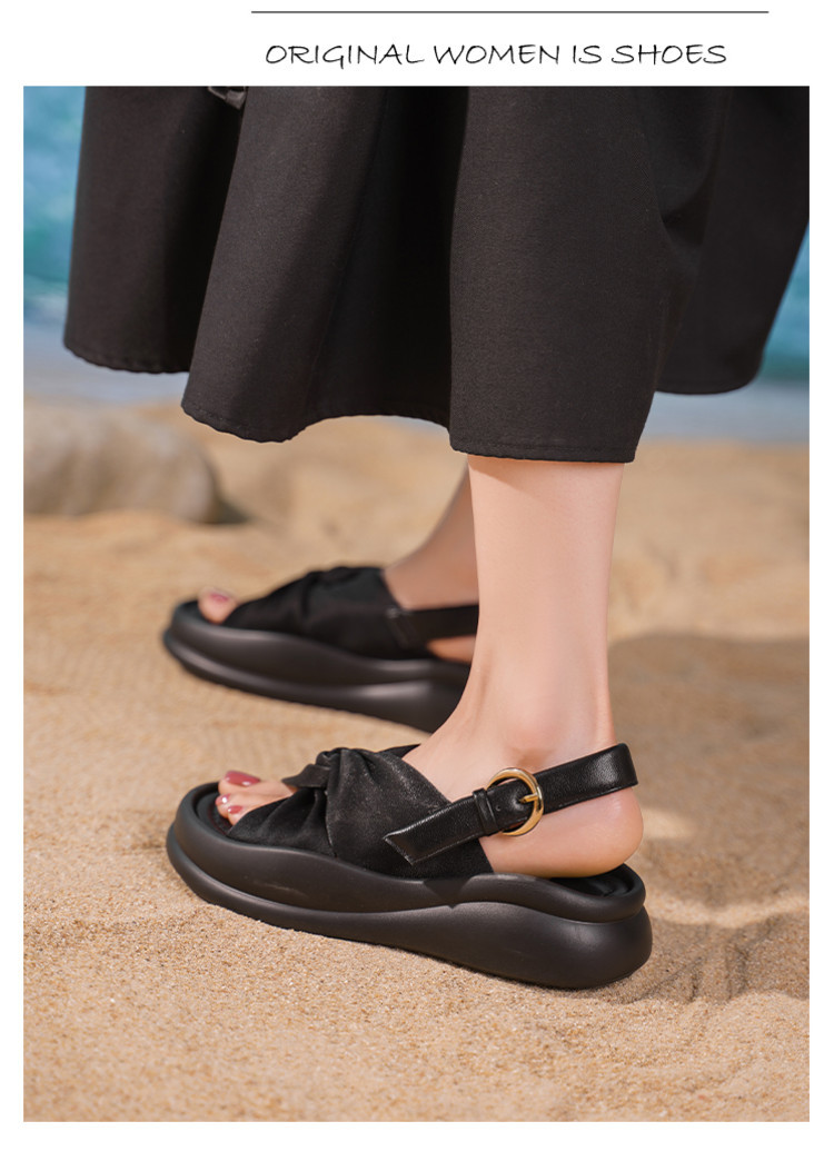 Dép sandal nữ quai chữ V satin phong cách Trung Quốc, đế dày tăng chiều cao, thoải mái đa năng — đen, bạc chi tiết 8