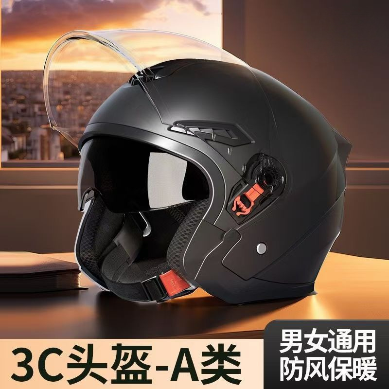 Casco de vehículo eléctrico para hombres y mujeres, doble espejo de invierno, medio casco caliente, sombrero de motocicleta universal de cuatro estaciones
