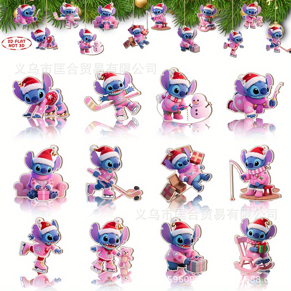 24 piezas de madera decoración de árbol de Navidad rosa sticky juego de dibujos animados de madera decoración de Navidad colgante