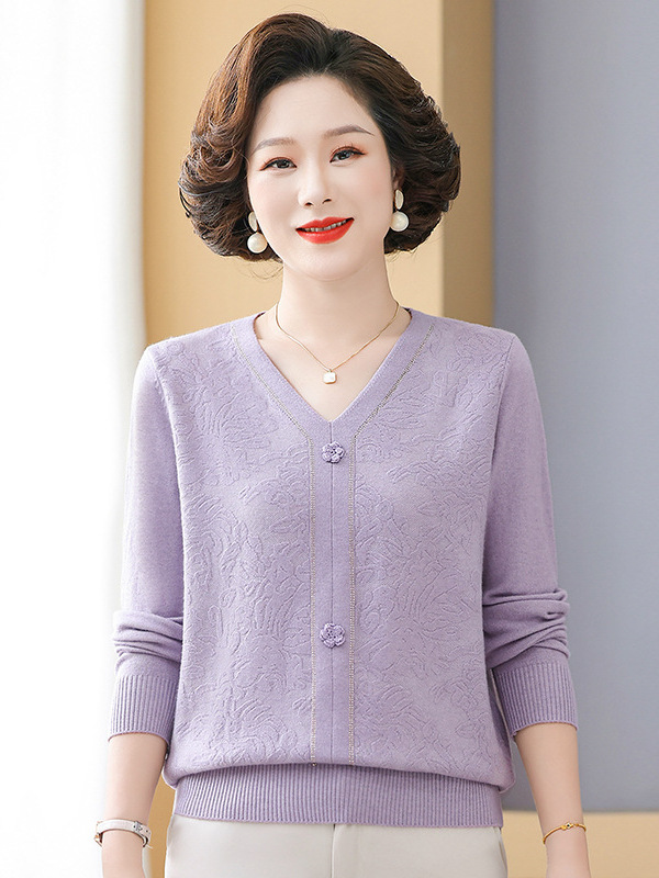 中年妈妈秋装上衣女2025新款时尚洋气中老年春秋装V领上衣针织衫|undefined