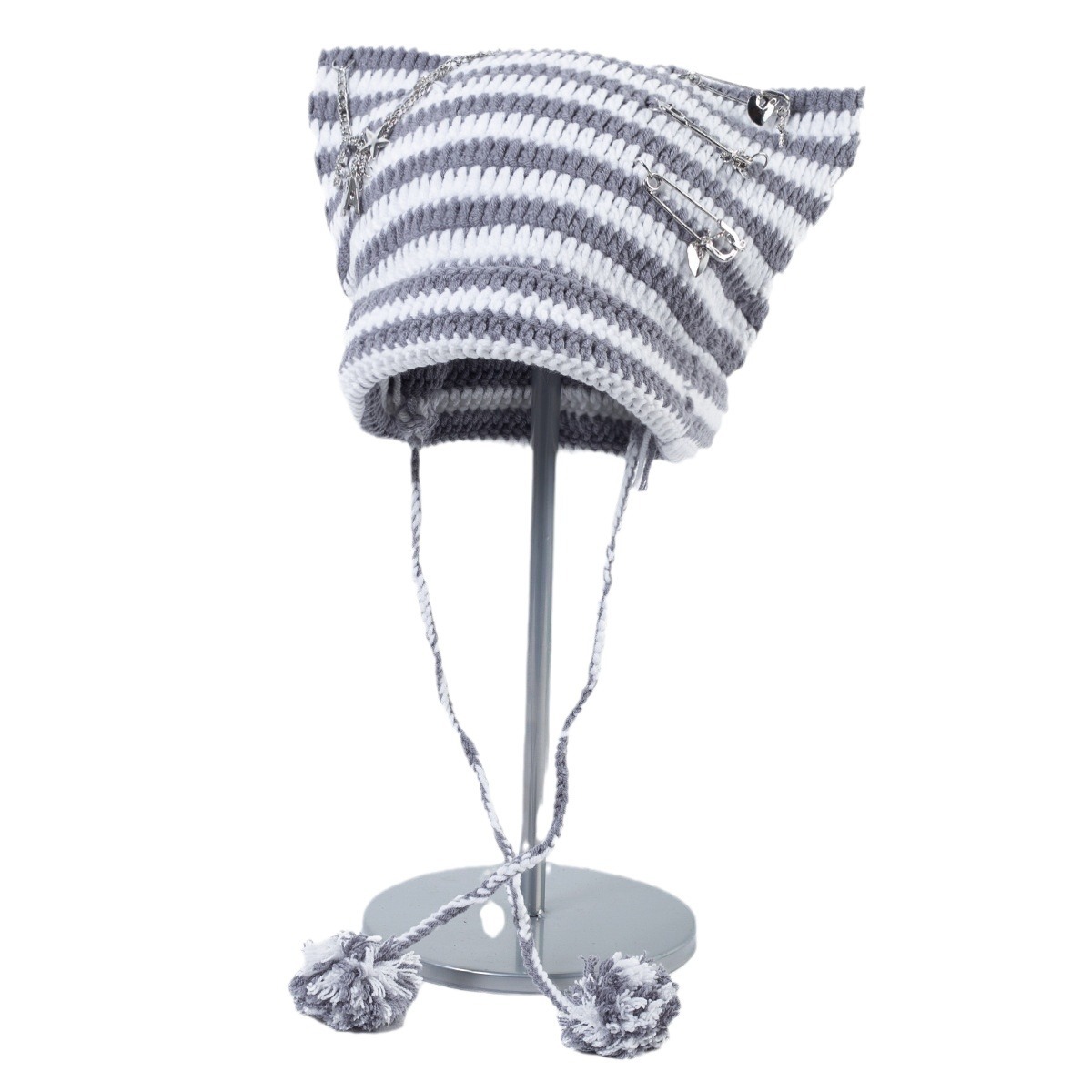 Süße kleine Teufel gestreifte gestrickte Wollmütze weibliche Herbst und Winter coole trendige Katzenohren süße Pullover kalte Mütze_voghion.com