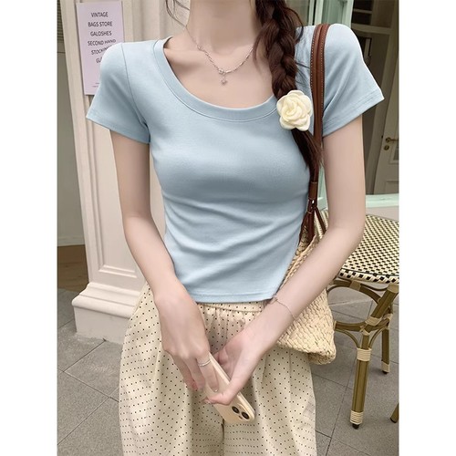 2025 Summer Women's American-Style Off-Shoulder Short-Sleeve U-Neck Cropped T-Shirt: Slimming, Body-Sculpting, and Chic Midriff-Baring High-Waist Top for Students