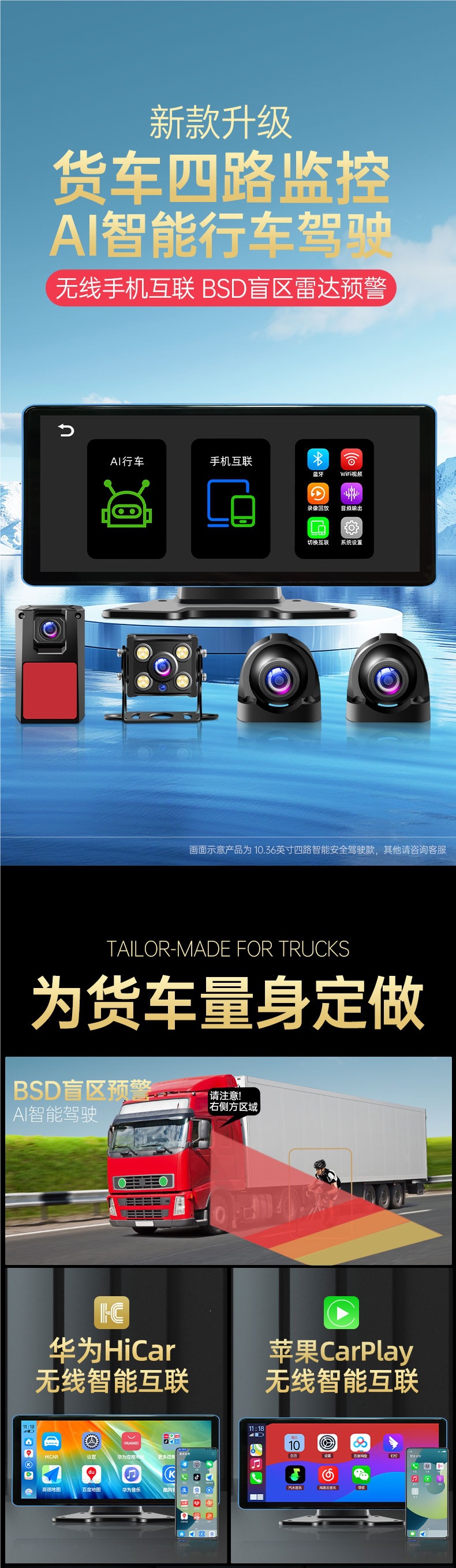 Truck 360-degree panoramic dashcam with CarPlay mobile phone connectivity, MP5, blind spot four-way warning monitoring system