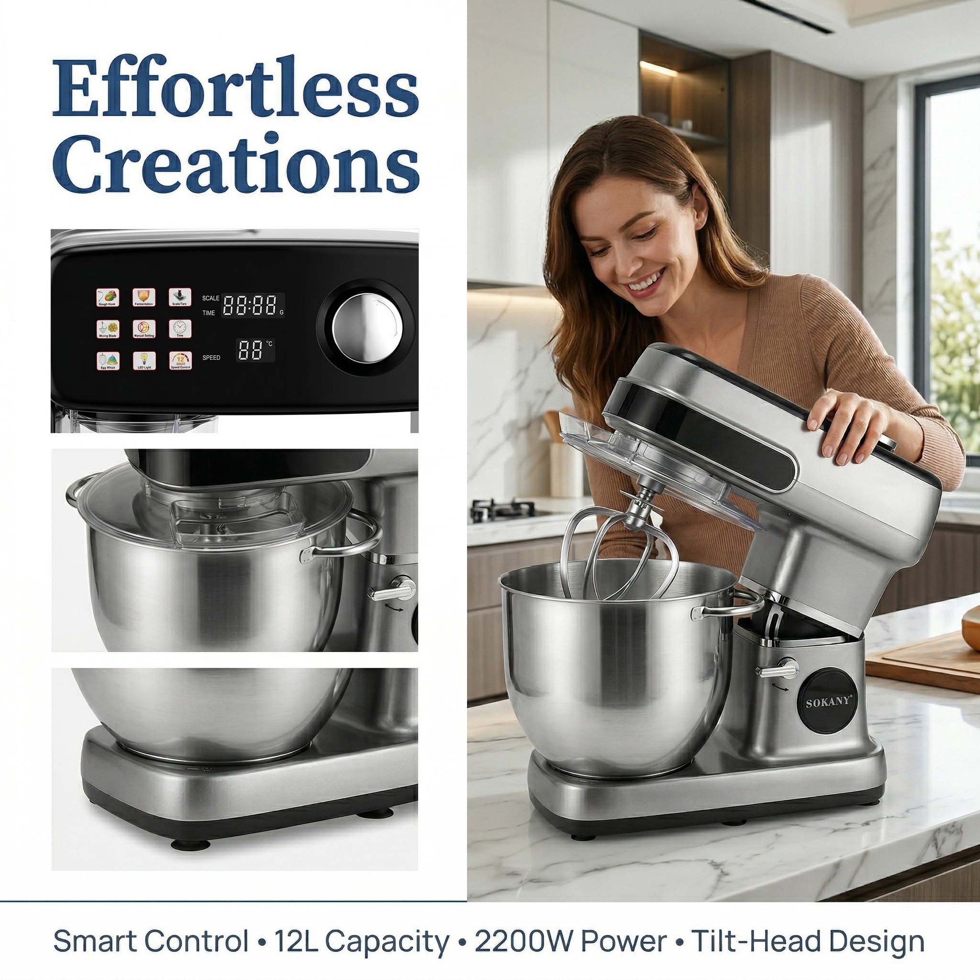 Cross-border EU Standard Household Chef Machine 2200W Electric Dough Mixer Cream Mixer 12L Egg Beater Food Processor