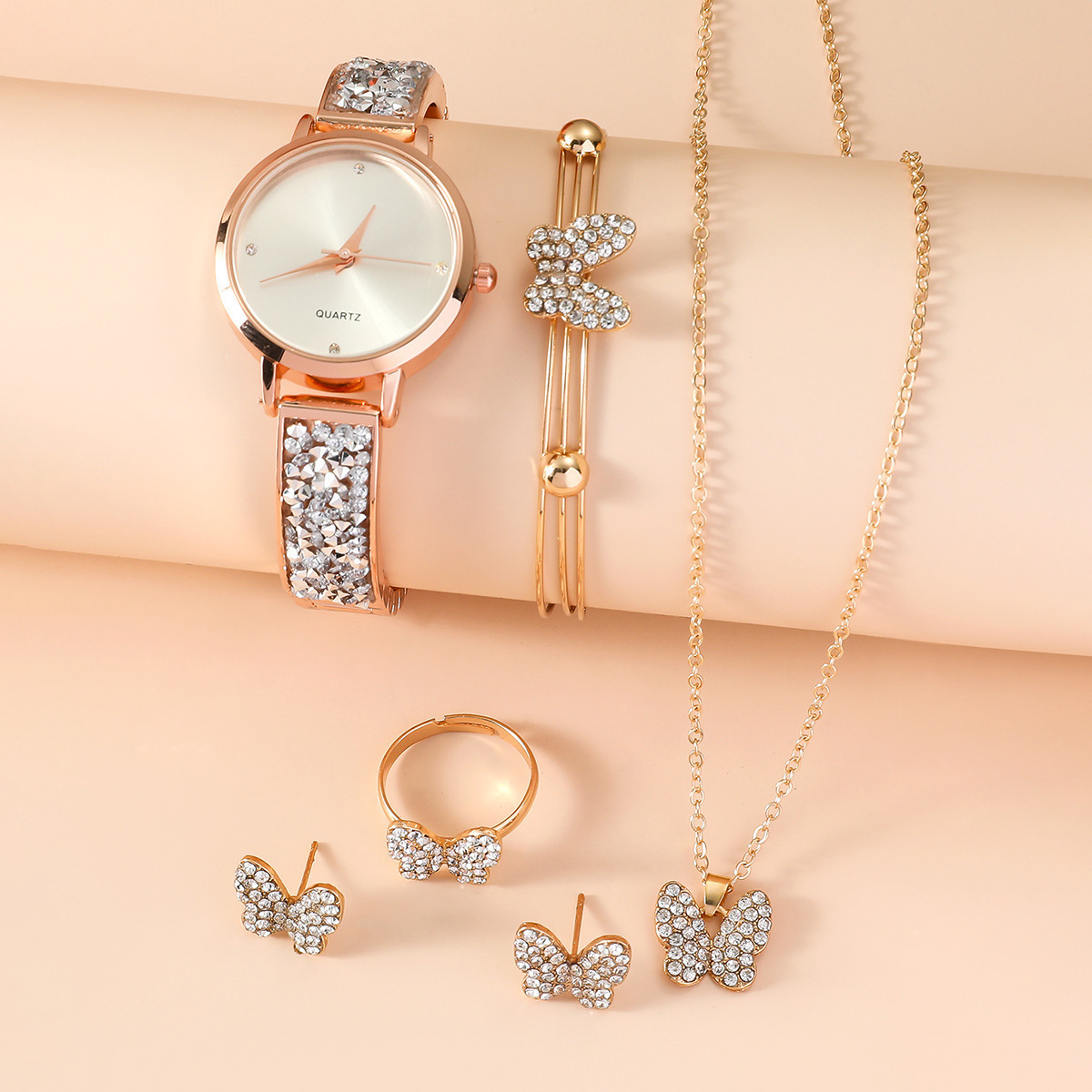 Nuevo conjunto de reloj para mujer, moda ins, estilo mariposa, reloj de cuarzo, pulsera, anillo, pendientes, collar_voghion.com