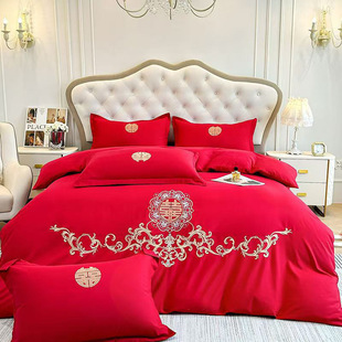 Wedding High-End Dragon and Phoenix Embroider Wedding Four-Piece Set Newlywed Red Bed Sheetss Bedding Quilt Cover Pure Color Dowry