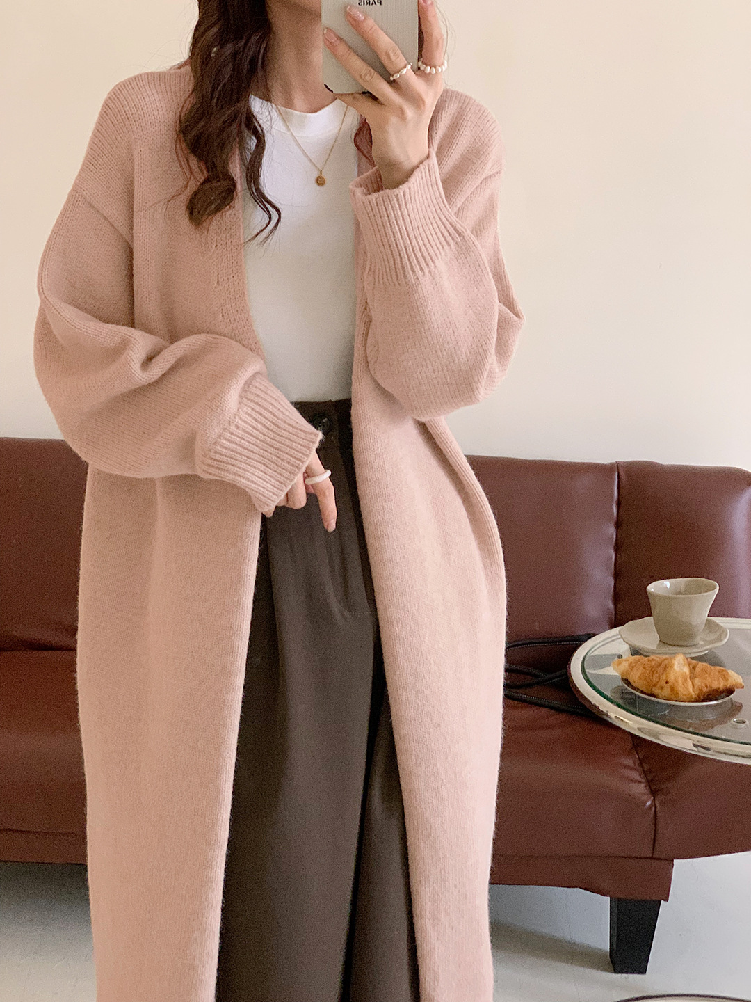 十三行奶呼呼杏色毛衣外套女秋冬宽松慵懒风小个子中长款针织开衫 pic 29