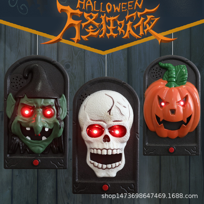 Lámpara de calabaza de Halloween, botón de calavera grande, sonido, casa embrujada, habitación secreta, decoración de bar, accesorios de timbre complicados que brillan