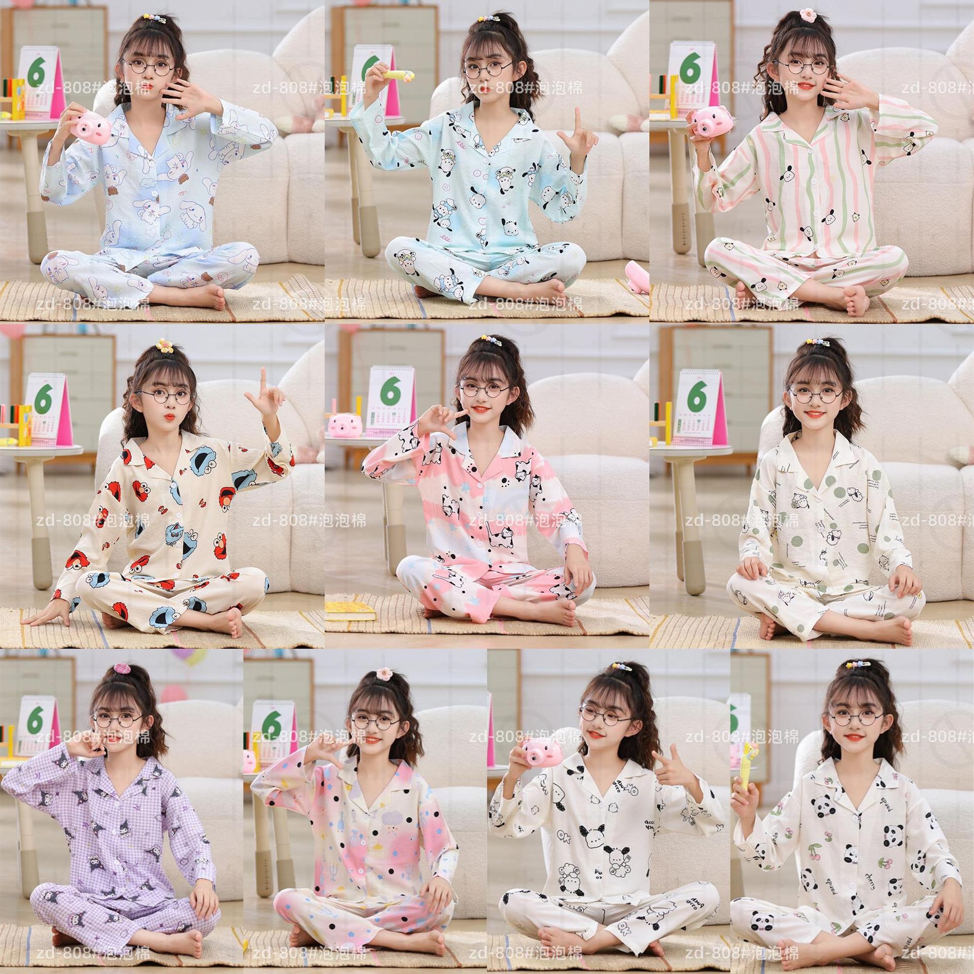 Pijamas infantiles primavera y otoño delgada espuma tela arrugada ropa para el hogar niñas dibujos animados aire acondicionado ventilado ropa de verano