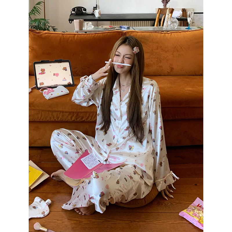 Sweet Girl Cartoon Kitty Cat Ice Silk Satin Pajamas Women's Summer Large Size Long-Sleeved Pants Home Wear Ins