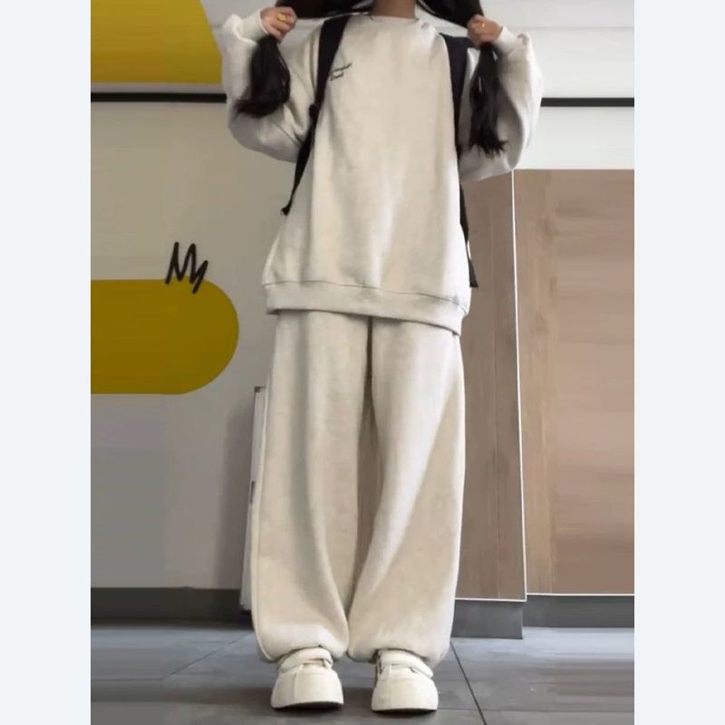 秋冬新款加绒加厚保暖卫衣套装女简约百搭大码宽松休闲运动两件套|undefined