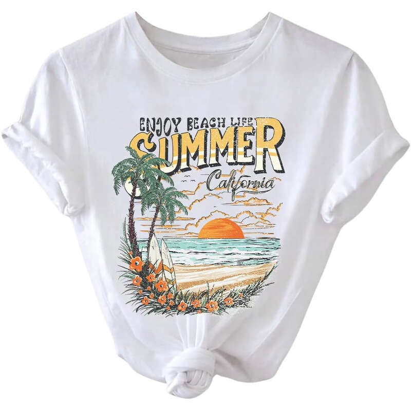 Cross-Border European Size Women's Summer Casual Graphic T-Shirt with Italian Print, Round Neck, Short Sleeve, White Beach Shirt