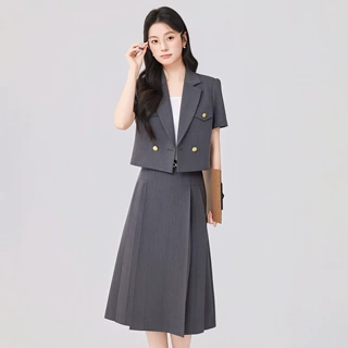 2026新款幼师大学生面试工作服短袖西装套装百褶裙两件套批发跨境