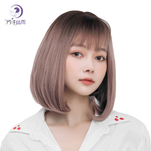 Foreign trade wig female short hair wave head air bangs inner buckle bobo head dyed gradient wig full head cover spot