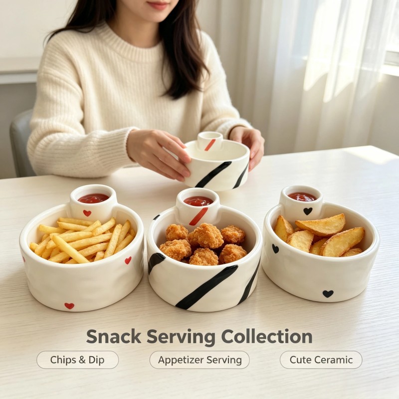Creative One-Piece Ceramic French Fries Bowl Eatme Letter Heart-Shaped Dipping Sauce Bowl Household Snack Bowl Microwaveable