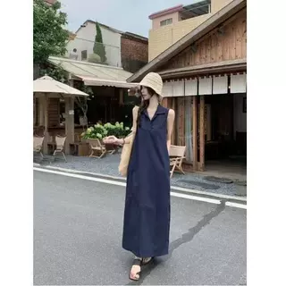 简约大方polo领无袖连衣裙女夏日常宽松气质背心裙松弛感白色长裙