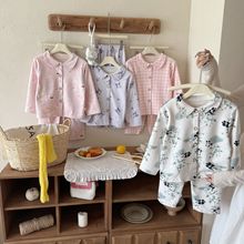 春秋儿童翻领开衫睡衣宝宝卡通家居服两件套男女童长袖长裤可批发