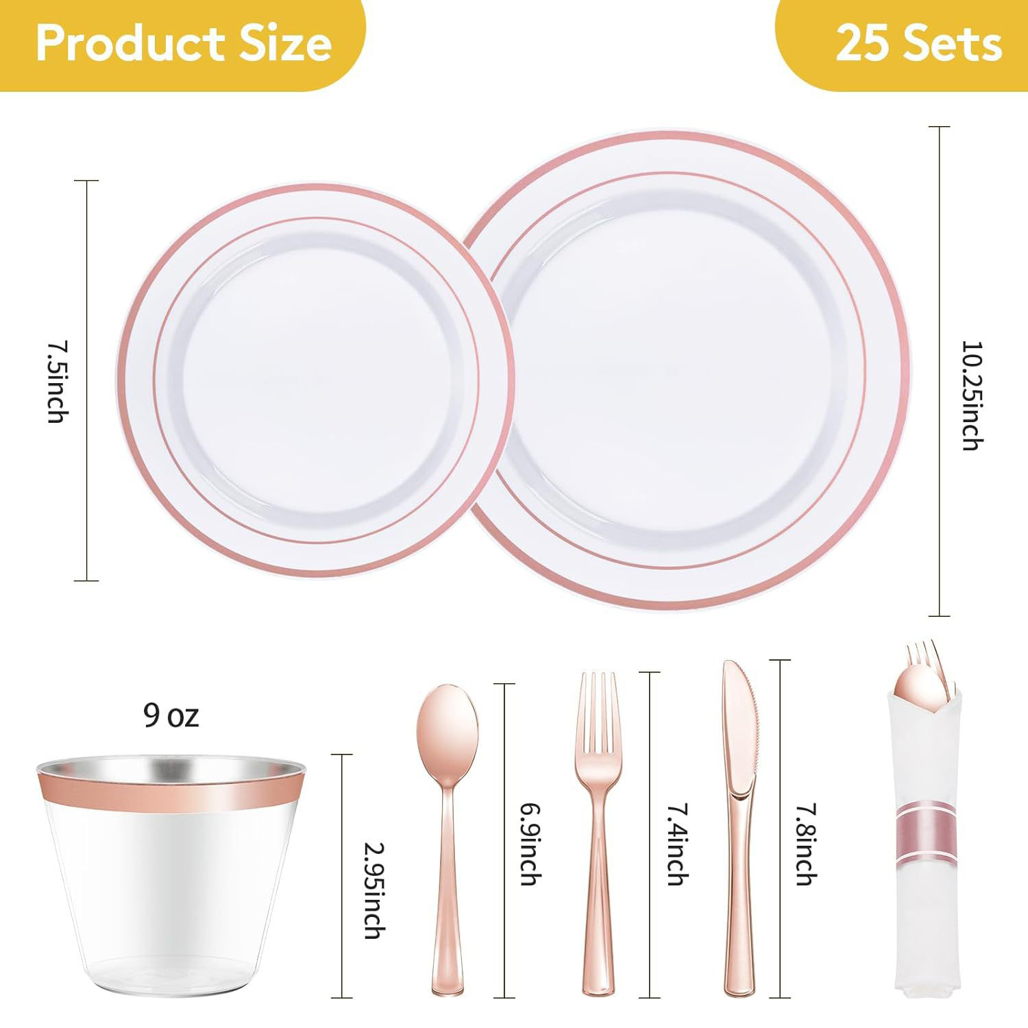 로즈 골드 접시(대/소) + 칼/포크/수저 + 컵 + 냅킨 각 25개