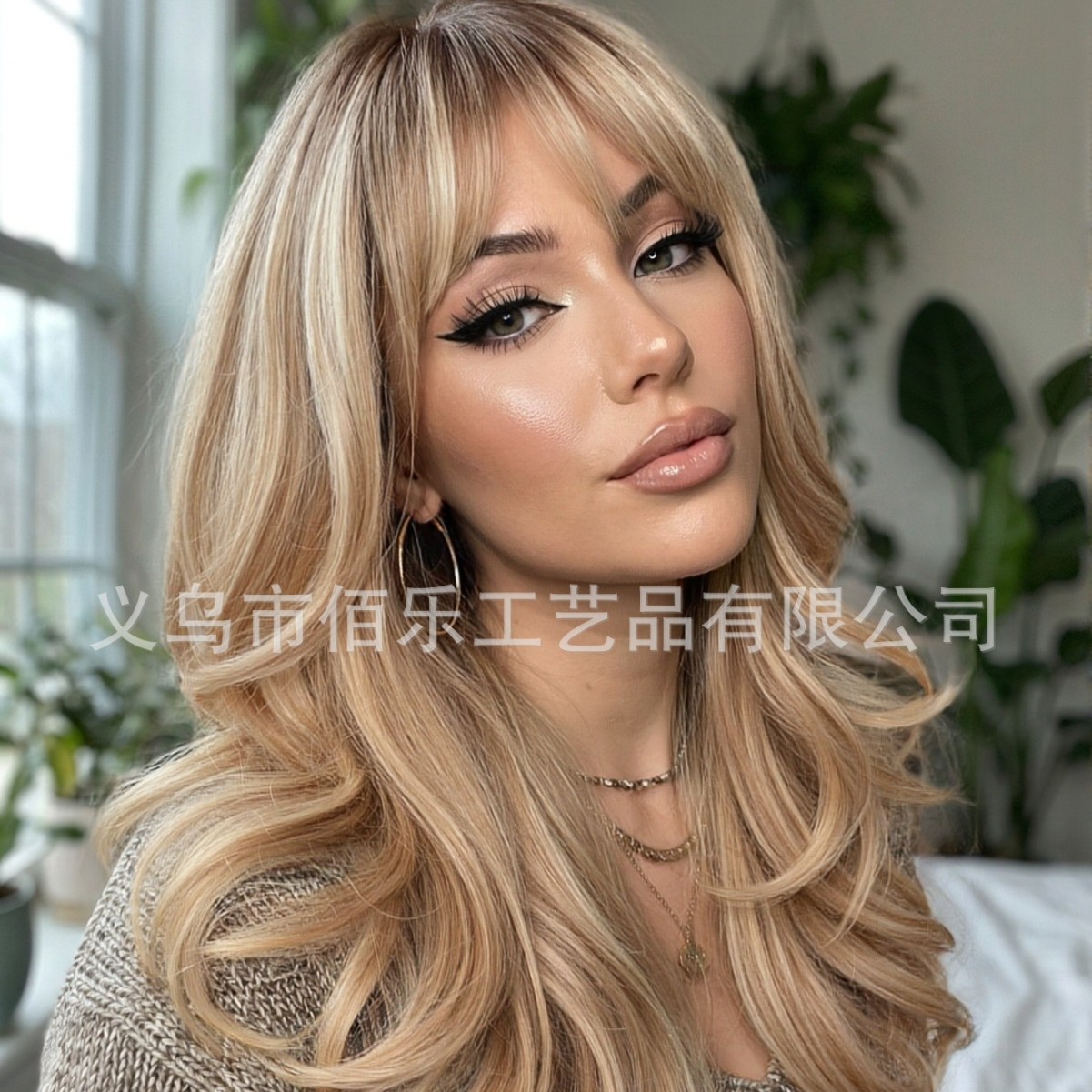 Gradiente de oro claro con franjas de capas ondas grandes pelucas de cabello completo cubierta natural esponjosa diaria peluca larga cubierta peluca wig image 6